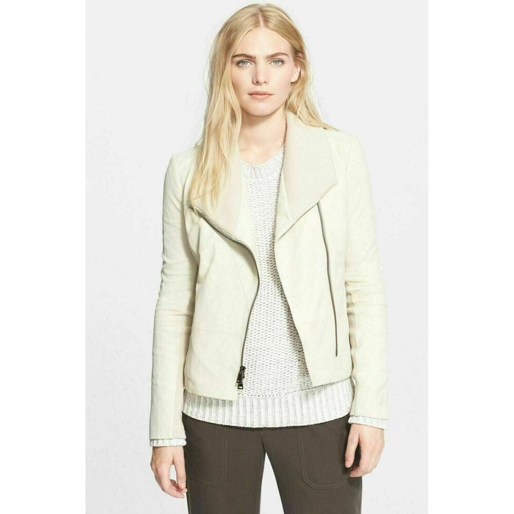 Vince Ribbed Collar Leather Jacket Ivory Size Med NWOT